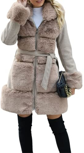 Giolshon Giacca da Donna in Pelliccia di Misto Lana Sintetica Giacca Lunga Imbottita con Cintura Parka Cappotto In Pile Sherpa Isolato Outwear 241A Khaki L