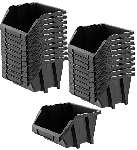 KADAX Caja apilable para taller, pequeña caja clasificadora de plástico PP, en diferentes tamaños y colores, cajas de almacenamiento para pared (negro, juego de 20 unidades, 272x238 mm)