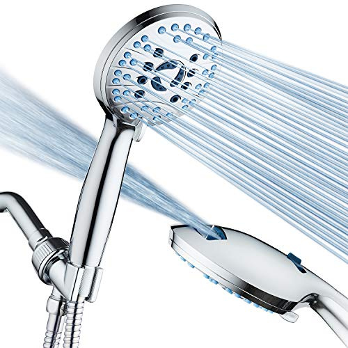 Hotel Spa AquaCare High Pressure 8-Mode Handheld Shower Head - Anti-clog Nozzles, Built-in Power Wash to Clean Tub, Extra Long 6 ft. Stainless Steel Hose, Wall & Overhead Brackets