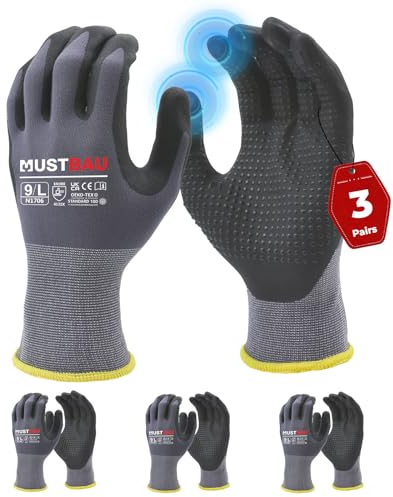 Mustbau Arbeitshandschuhe Schwarz mit Touchscreen, Arbeitshandschuhe Herren mit Nitril Beschichtung für Montagearbeit，Mechaniker, Gartenarbeit und Bauarbeiten, Gr. L 3 Paare