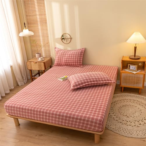 Mateju Vintage Kariertes Flanell Spannbettlaken Set mit 2 Kissenbezug, Weiche Warme Plüsch Spannbetttuch Bettlaken für Boxspringbett Matratzen bis 25 cm Hohe, Rundum Gummizug (180x200cm,Rot)