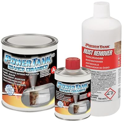 POWER TANK Blanc Céramique, Traitement Réservoir de Voiture 50/55 Litres, Grand Kit 1,3 kg Intérieur Réservoirs Essence Diesel Élimine la Rouille Protège Rouillé de Moto avec Antirouille