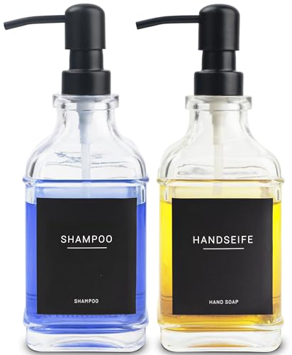 2 Stück 16,9 OZ (500ml) Glas Seifenspender mit 22 schwarzen Etiketten und 1 Trichter für Badezimmer