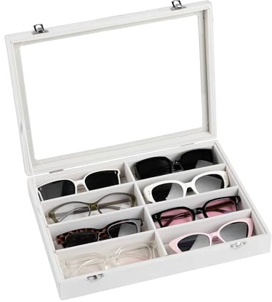 Frebeauty Organizador gafas de sol 8 ranuras, tapa transparente | Caja o bandeja de almacenamiento para varios pares de gafas de sol y graduadas, con tapa de cristal,organizador gafas de sol