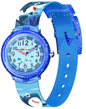Bigmeda Montre Enfant, Montre Licorne à Quartz Analogique de Dessin Imprimés Animaux en Textiles, Montre-Bracelet pour Garçons et Filles (Requin Bleu)