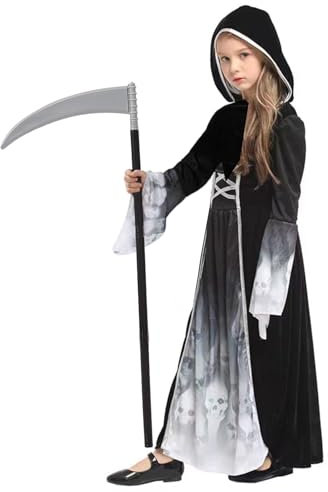 YIMOJOY Halloween Kostüm Mädchen- Horror Gespensterprinzessin Kostüm mit Sense,Gruselig Sensenmann Halloween Kostüm Kinder Mädchen Reaper Kostüm für Karnevals Party Fasching(13–15 Jahre)