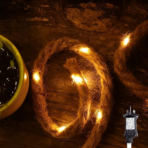 Gresonic Ghirlanda luminosa in corda di canapa, 90 LED, 8 m, luce bianca calda, alimentata a rete, impermeabile, decorazione da giardino per interni ed esterni, per gazebo, pergolato, Natale,