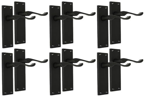Epsom Door Handle Matt Black Scroll Door Handle Set with Tubular Latches – Victorian Style Lever Handles for Internal and External Doors Backplate Dimensions 150mm x 42mm (6 Pair of Handles)