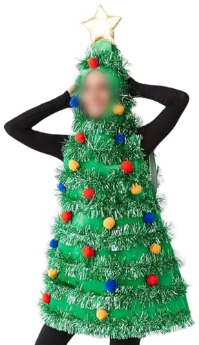 Felcia Damen Weihnachtsbaum-Kostüm Elegantes ärmelloses Plüsch-Kugel-Lametta-Patchwork-Kapuze Minikleid Weihnachts-Verkleidung (A-Grün, Einheitsgröße)