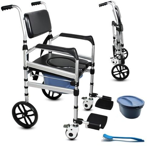 SAIYERUS Shower Commode Mobile Chair Commode/Shower Wheelchair Padded Toilet Seat Shower Transport Chair with 2 Brakes, Removable Pedal, Adjustable armrest, PU Commode Seat and Pail 330lb 4 in 1