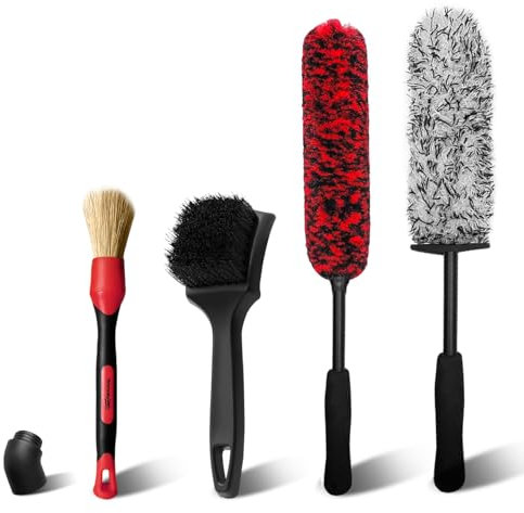YeewayVeh 4 PCS alloy Wheel brush Kit, Bendable Car Wheel Brush and Microfiber Rim Brush, Tire Brush and Car Detailing Brush, Soft & No-Scratch wheel cleaning brush Set for All Wheel Types, Red