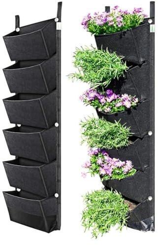 MUMUXIAO Vertikale Pflanztasche zum Aufhängen an der Wand mit 6 Taschen, Blumentöpfe, Filz-Pflanzgefäß, Pflanzgefäß, Pflanztasche, Pflanzbeutel, Schwarz