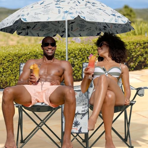 WISLAS 2-Person Folding Beach Chair with Umbrella & Cooler Table - 250LB Capacity Portable Camping Chair with Adjustable Canopy, Cup Holder & Carry Bag for Pool, Patio, Park, Outdoor, Shark Pattern
