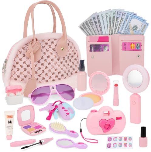 deAO Mädchen Handtasche mit Zubehör, Schminkkoffer Spielset mit Spiel-Make-Up, Kamera, Geldbörse, Spiegel, Kopfhörer für Verkleidung und Rollenspiel ab 3 Jahre, Geschenkidee für Kleinkinder (Rosa)