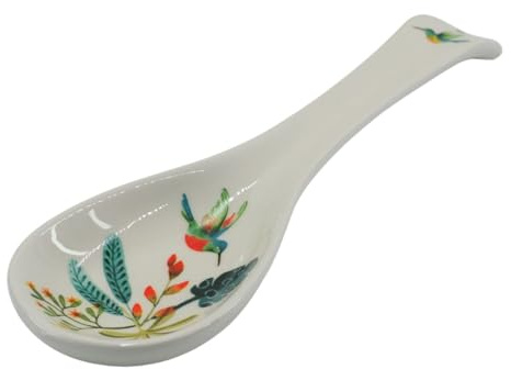 Repose-Cuillère Coly en Céramique, Motif Colibris et Fleurs, 23,5 x 8 cm, Blanc