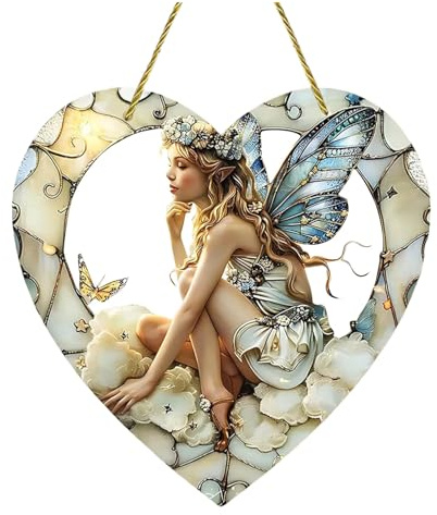 Heart Shaped Stained Glass Suncatcher Fairy Light Catcher Window Hanging for Home Holiday Christmas (A, 20X20cm)