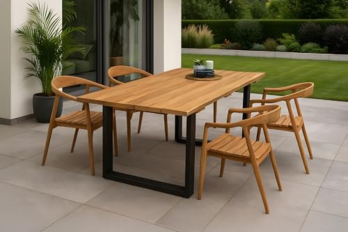 SAM 5 TLG. Gartengruppe Bogota | Gartentisch 180 x 90 cm | Teakholz massiv | echte Baumkante | U-Gestell Metall Schwarz | Outdoor-Esstischgruppe mit 4 Stühlen (stapelbar) für Garten & Terrasse