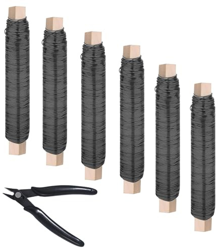 UCFBWO 6X Blumenwickeldraht-Set, 0,7mm × 35m Bindedraht mit Drahtschneider | Blumendraht Wickeldraht Schwarz, Basteldraht zur Befestigung von Blumen und Pflanzen, Kranzbinden & Floristik