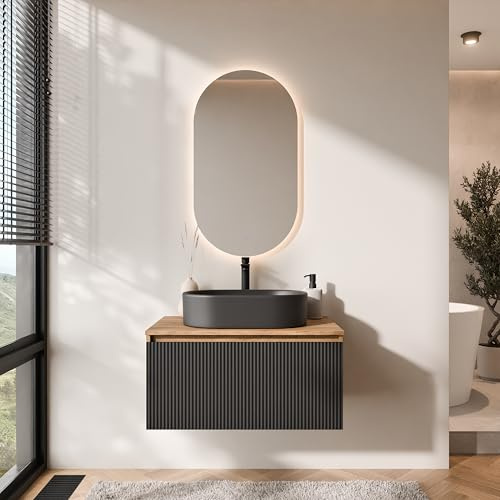 Planetmöbel Arisa Set di mobili da bagno Lavabo con mobiletto sottostante 80 cm Rovere dorato nero (scanalato) con specchio LED, Lavandino 55 cm nero, incl. Sifone salvaspazio