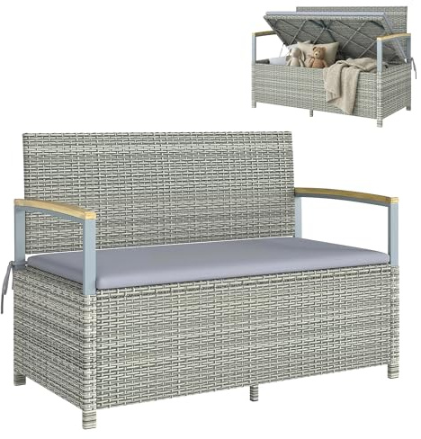 Outsunny Banc de Jardin avec Coffre de Rangement 170L - Banquette 2 Places en Résine Tressée avec Coussin Déhoussable et Accoudoirs en Bois d'Acacia - Vérin à Gaz, Gris