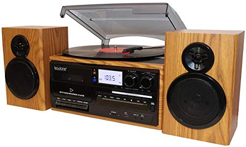Boytone BT-28SPW, Bluetooth skivspelare i klassisk stil med AM/FM-radio, CD/kassettspelare, 2 separata stereohögtalare, spela in från vinyl, radio och kassett till MP3, SD-kortplats, USB, AUX.