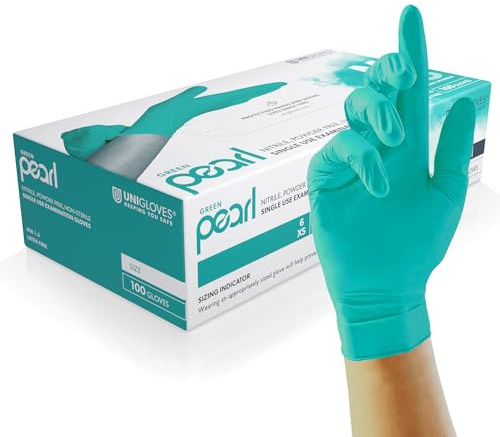 Unigloves Green Pearl Nitrile Examination Gloves | Multipurpose, Powder Free and Latex Free Disposable Gloves - Box of 100 Gloves, Green, Large (GP0044)