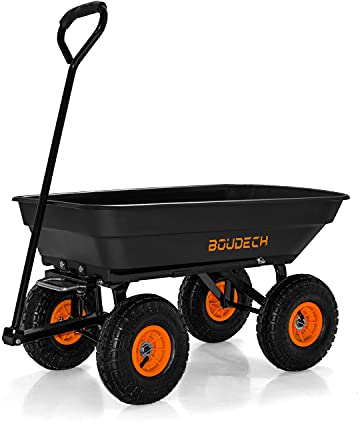 BOUDECH® Carrello da giardino porta attrezzi ribaltabile con rimorchio a spinta in metallo inossidabile - Carriola da giardino a 4 ruote con portata max 250KG