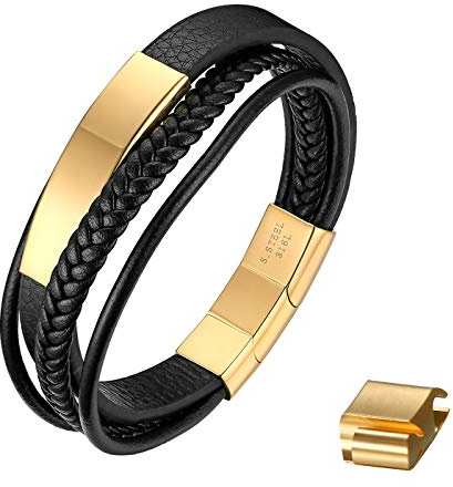 JewelryWe Schmuck Herren Lederarmband, Handgemacht Geflochten Mehrreihiges Leder Armband Edelstahl Magnetverschluss Verstellbar Armreif Manschette für Männer Frauen