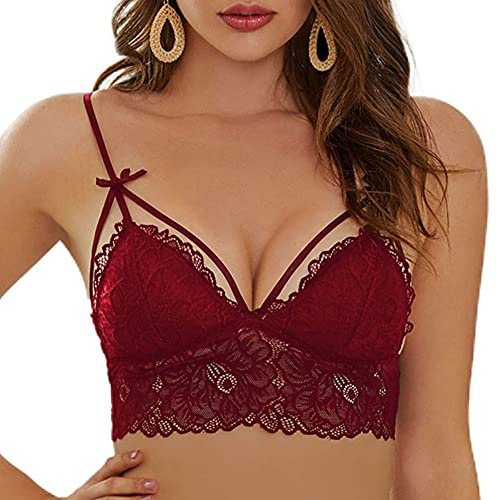 SHEKINI Dam BH avtagbara kuddar bh utan bygel spets bralette triangel bh justerbar dubbel smal axelrem banddekoration, Vinröd, 6074, S