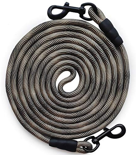 BTINESFUL Tie-Out Check Cord Long Rope Dog Tether, 8ft 12ft 20ft 30ft 50ft 75ft Recall Training Dog Lead for Yard- Large Medium Dogs Outdoor Training, Playing, Camping, or Backyard (12ft, Beige Black)