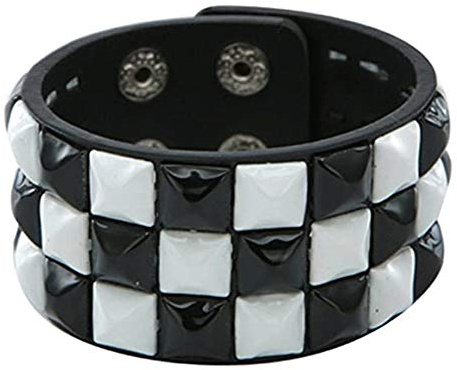 Jassion&Rainy Black and White Matched Pyramid Stud Punk Goth Rock Music Guitar Player Genuine Leather Bracelet Women Cuff