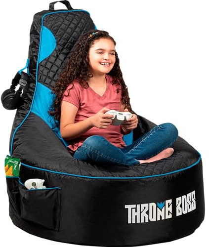 Throne Boss Gaming Bean Bag Chair for Kids with High Back – Floor Gaming Chair, Easy to Clean Oxford 420D Fabric, Large Side Pockets, Headphone Hanger – Cover ONLY Add 200 Liters Beans (Blue)