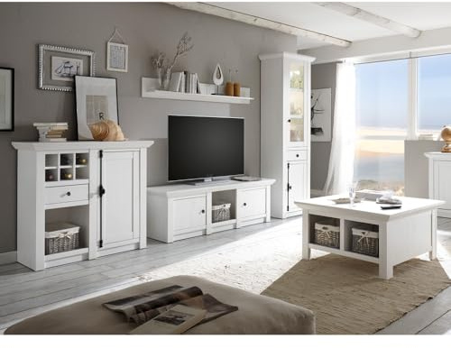Lomadox Wohnzimmer Wohnwand Set inkl. Couchtisch Landhaus-Stil Pinie weiß Nb.Stellmaß Vitrine ca. 63 cm