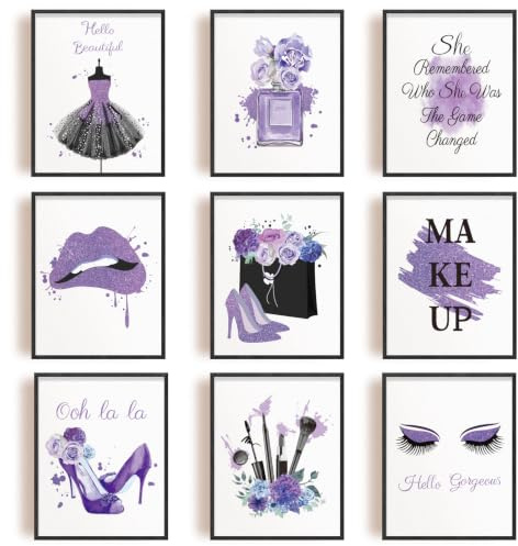 INFUNLY 9pcs Make-Up-Kunst-Raum-Wand-Dekor, Lila Parfüm Blume Kunst Poster UNGERAHMT Schlafzimmer High Heels Malerei Für Mädchen Frauen Wohnzimmer Dekor 8X10