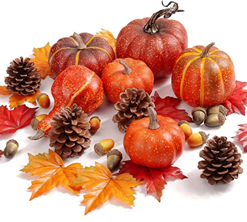 Briful Artificial Pumpkins Set Autumn Decoration, 47 PCS Halloween Pumpkin Bulk Natural Pinecones Silk Maple Leaves Artificial Fruits Mini Acorns for Home Garden Party Thanksgiving Decor