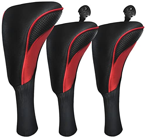 Golf Club Covers for Driver Fairway 3 Pcs Woods Golf Club Head Covers Hybrid Golf Headcovers Set Long Neck Golf Club Head Cover with Interchangeable Tags 3 4 5 6 7 X Golf Accessories for Men Women