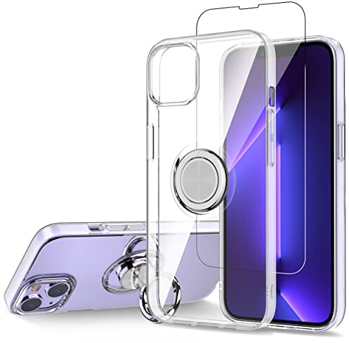 WATACHE Designed for iPhone 14 Case, [with Tempered Glass Screen Protector] [Crystal Clear] Slim Fit Protective Phone Case Cover with Kickstand Ring Holder for iPhone 14 6.1 Inch 2022, Clear
