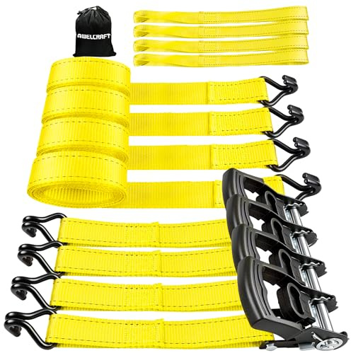 AWELCRAFT Ratchet Straps (4PK) - 3300lbs Breaking Strength 1.5''×10' Heavy Duty Tie Down Straps with Padded Handles, Double J Hooks & Soft Loops for Moving Motorcycle, Trailer & Trucks (Yellow)