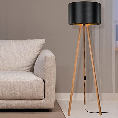 Lampadaire Stylé Trépied Lampe sur Pied MDF PVC Textile Douille E27 Hauteur 136 cm Bambou Noir