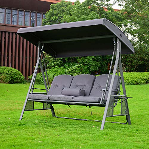 Home Deluxe - Hollywoodschaukel DESCANSO Grau mit Abdeckung - 3-Sitzer, B/H/L 115cm x 195cm x 198cm, inkl. Getränkehalter, Sitz- und Rückenkissen I Gartenliege Gartenlounge Schaukelliege