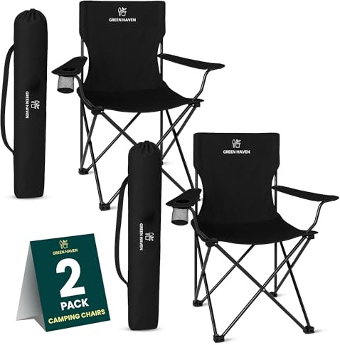 Green Haven Folding Camping Chair with Cup Holder & Carry Bag – Lightweight Portable Outdoor Chair, Heavy Duty Steel Frame, Padded Headrest, Wide Seat for Camping, Festival, Garden, Fishing