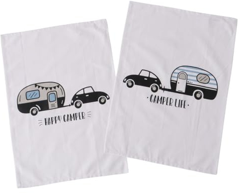 ReWu Geschirrtuch Vanlife Wohnwagen 2er-Set Mit Spruch Weiß 100% Baumwolle Küchenhandtuch Trockentücher Abtrocktücher Küche Camping Putzlappen Geschirrhandtuch 50 x 70 cm