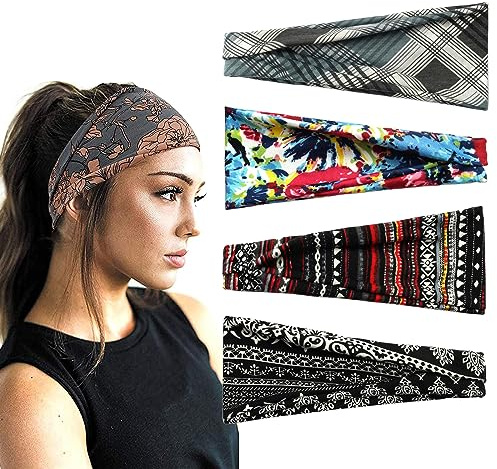 scicent Haarband 4 Stück Stirnbänder Elastische Haarbänder Yoga Sport Workout Gym Kopftuch Haarreifen Baumwolle Breit Damen Headband Sommer Bandana Haar Accessoires - 13220