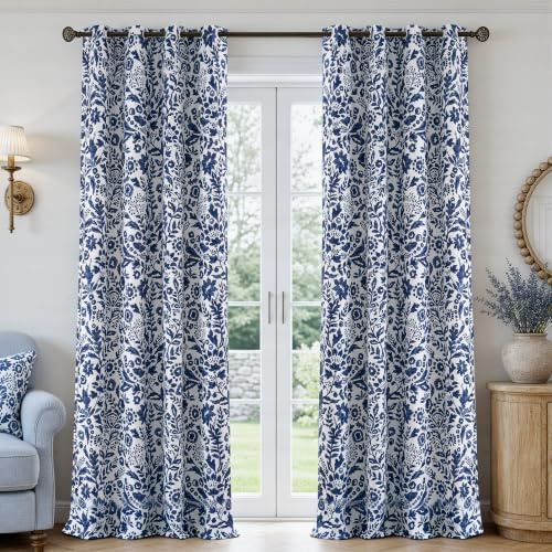 DriftAway Julia Verdunkelungsvorhänge für Schlafzimmer, marineblau, florales Aquarellmuster, doppellagig, wärmeisoliert, schallreduzierend, Raumverdunkelungsvorhänge für Wohnzimmer, Ösen, je 2 Paneele