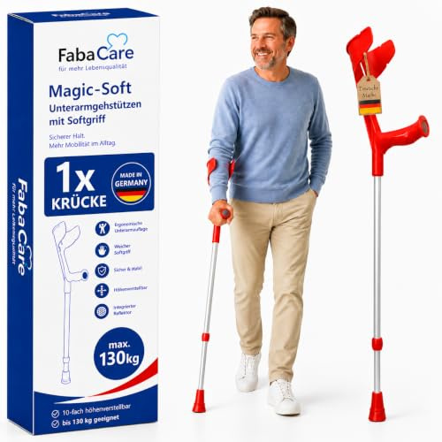 FabaCare Krücke mit Softgriff Magic-Soft, Unterarmgehstütze mit Softgrip, Gehhilfe höhenverstellbar, leichte Gehstütze, Unterarmkrücke bis 130 kg, Rot