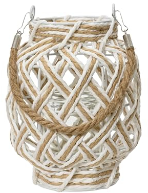 Farol para velas, 20 cm, con asa, para interior y exterior, portavelas, decoración de mesa, decoración de boda, color blanco, natural y marrón