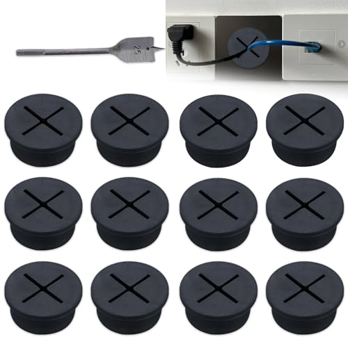 Zamety 12 Stück Kabeldurchführung Schreibtisch, Flexible Silikon kabeldurchlass, 25mm Schreibtisch Kabeldurchführung, Kabeltülle mit 1 Bohrer für Büro, Zuhause, Computertisch, Schwarz