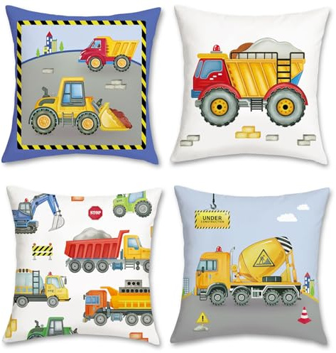 Bonhause Engineering Car Cushion Covers 45 x 45 cm Toddler Kids Toy Car Truck Decorative Throw Pillow Covers Children Pillowcases for Sofa Bed Nursery Room Home Decor Set of 4