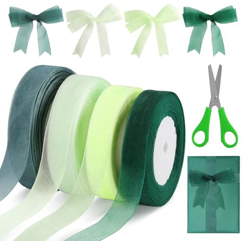 Qichan 4 stycken organza-band, 45 m x 2 cm med sax, salviagrön, chiffong för gör-det-själv, bröllop