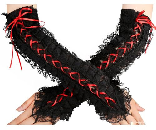 BrightGlow Schwarz Lange Spitzenhandschuhe Vintage Punk Handschuhe Fingerlose Spitzen Brauthandschuhe Abendhandschuhe Opernhandschuhe Bälle Maskerade Fasching Karneval Halloween-Cosplay Party